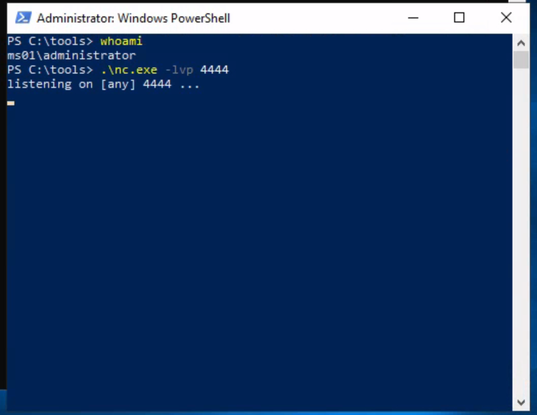 Use the tool nc.exe located in c:\tools to listen for the reverse shell
